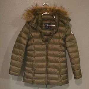 Women's Olive Puffer Jacket with Faux Fur Trim